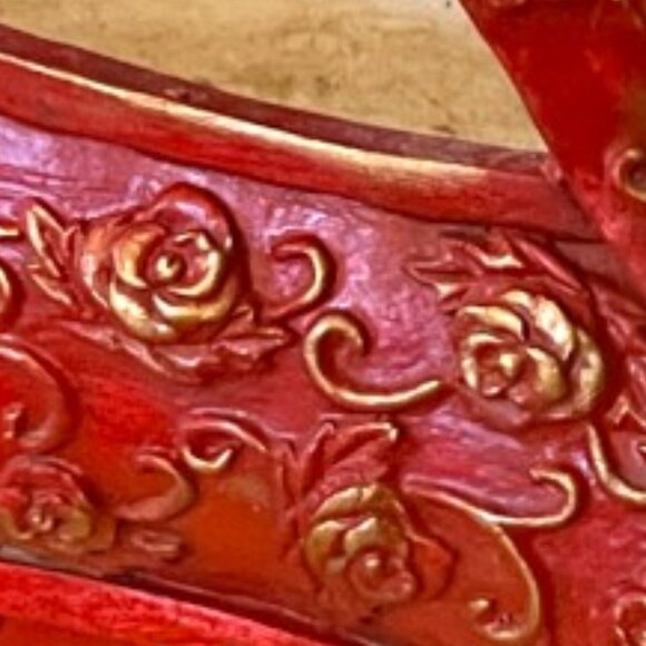 RARE! Vtg Ornate Red Plaster Shoe Planter Frilly Black Bow, Roses & Gold Accents - Picture 3 of 15